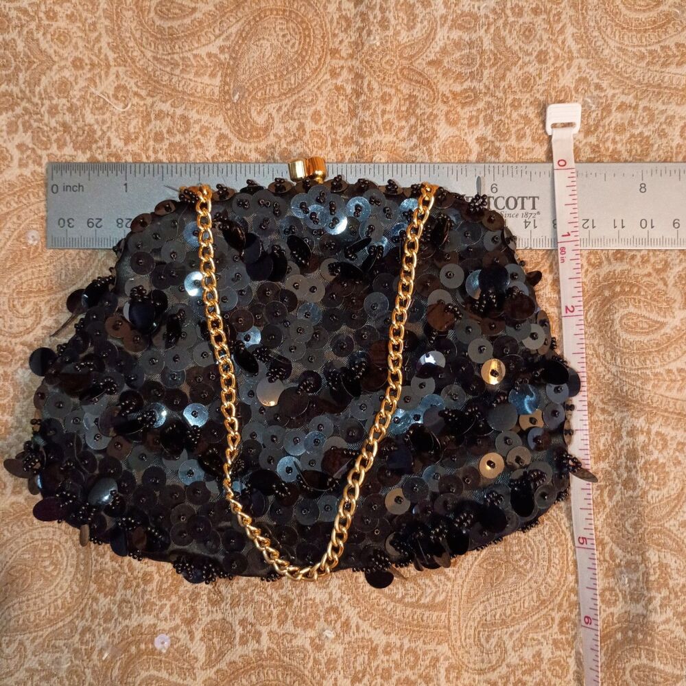 Vintage Safco Black Beaded Sequin Evening Bag Clutch Kiss Lock Hong Kong Chain